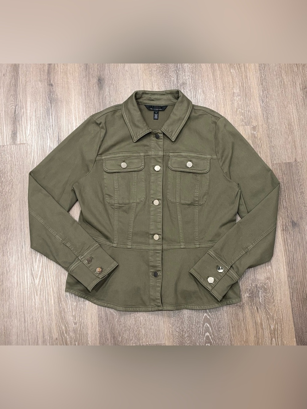 White House Black Market Olive Green Peplum Utility Moto Jacket Size Large - Picture 2 of 8